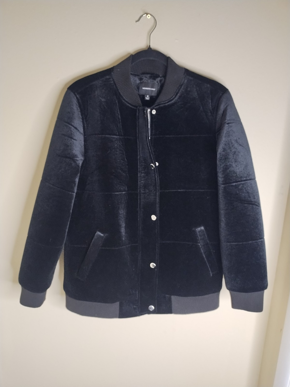 Members Only Black Satin Bomber Jacket Silver Details - Size Medium