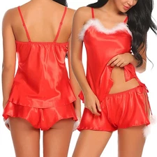 Women Red Santa Christmas Sexy Lingerie Babydoll Sleepwear Two-Piece Pajama Set