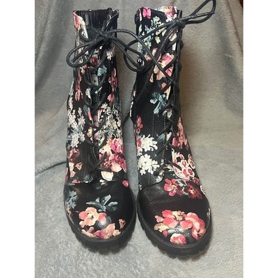Lane Floral Lace Up Ankle Boots Block Heel  Black Womens Boho Stevie Nicks 11