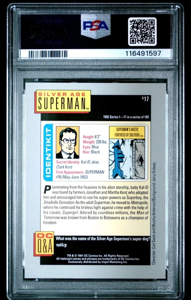 1992 IMPEL DC COSMIC CARDS #17 SILVER AGE SUPERMAN PSA 10 GEM MINT - Image 2 of 2