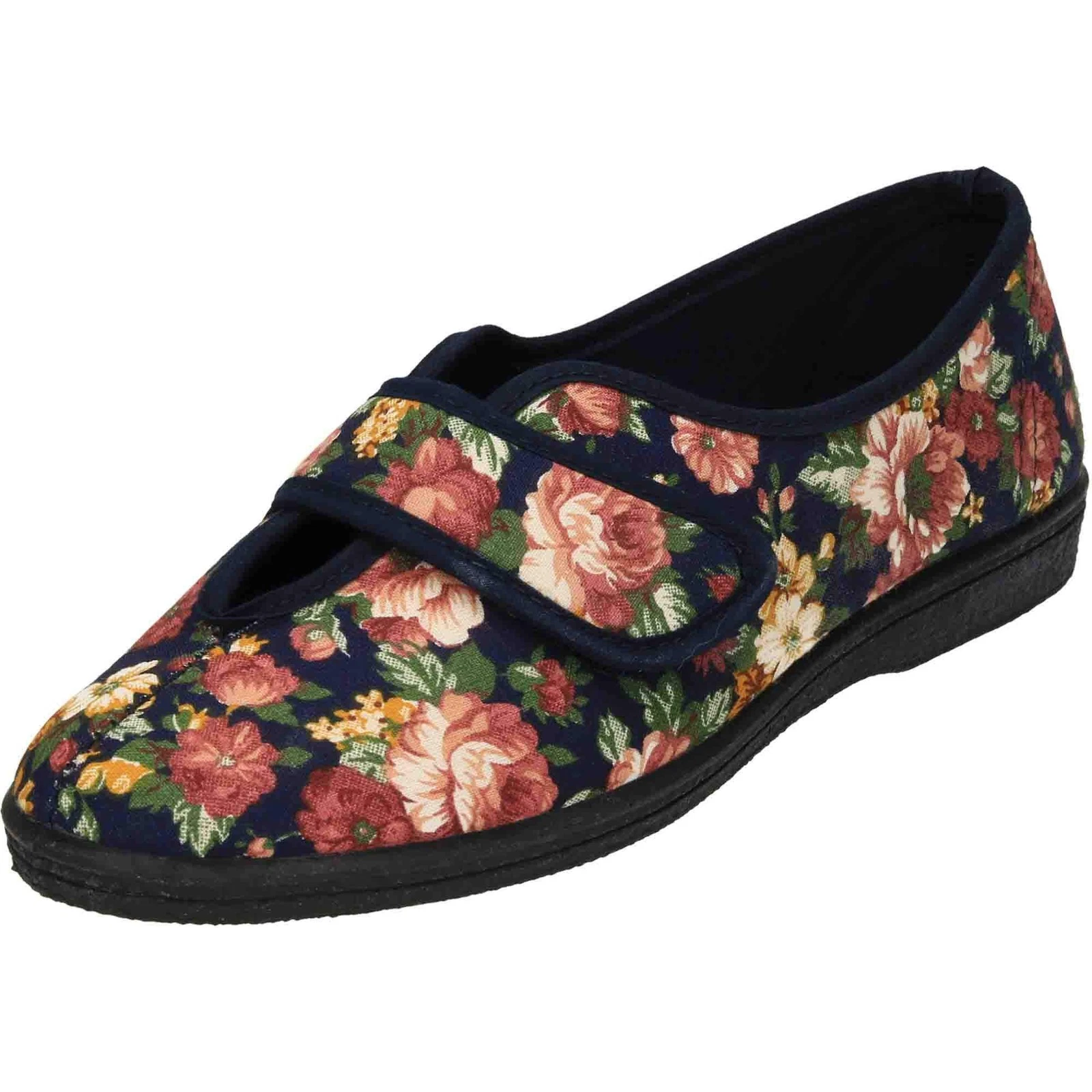 Navy Wide Fit Washable Slippers V Opening Floral Touch Fasten Flat Shoes Womens