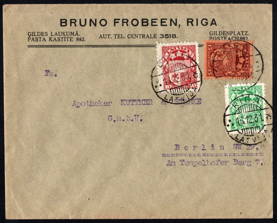 Letonia 1931 cubierta de negocios, Riga a Berlín, Bruno Frobeen, multifranqueo Foto 2 de 3