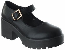 Ladies Womens Mid High Block Heel Classic Chunky Mary Jane Platform Shoes Size