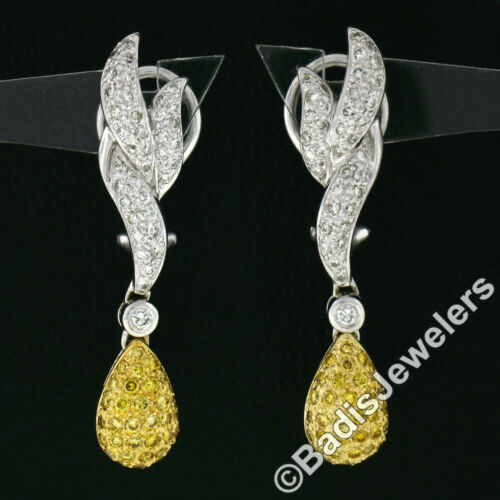 18k Two Tone Gold 1.42ctw White & Yellow Diamond Drop Dangle Omega Back Earrings - Picture 2 of 6