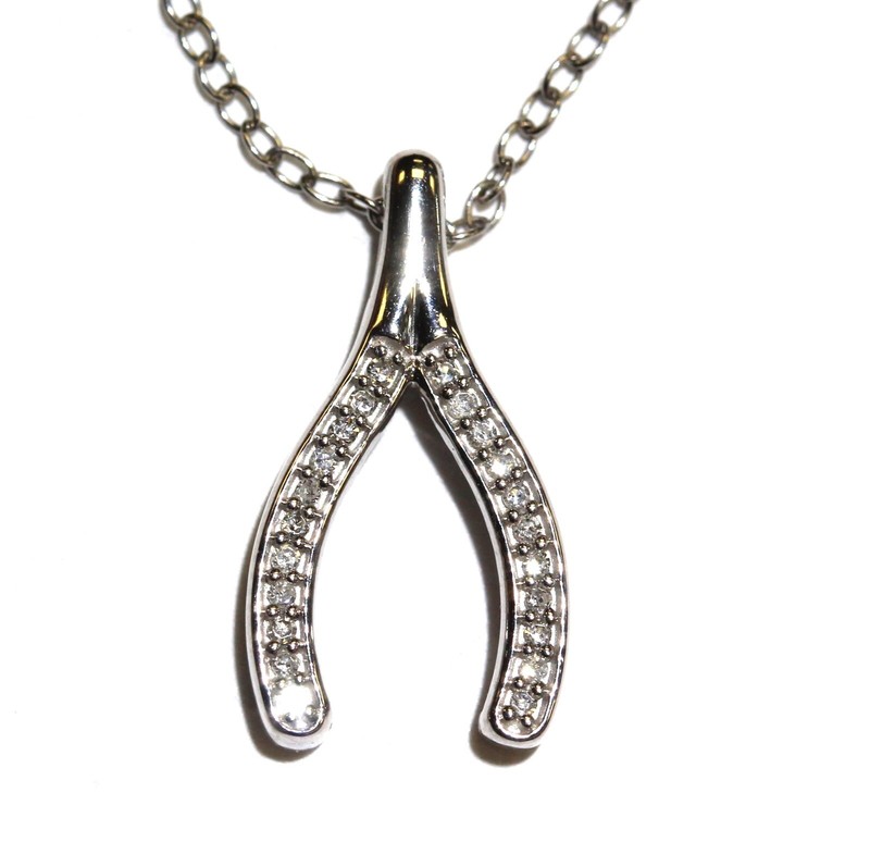 New 925 sterling silver .06ct SI1 H diamond Wishbone pendant necklace 1.9g 18"