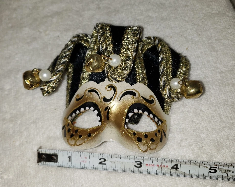 Mini Máscara Veneciana Hecha en Venecia Italia Negro Blanco Oro Mascarada Decoración Foto 3 de 4