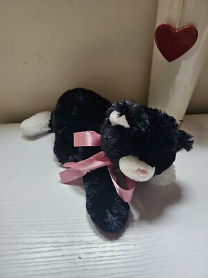 Gund Vintage niedliche Katze Kätzchen weiß & schwarz weiches Plüschtier 10 Zoll groß rosa Schleife A1