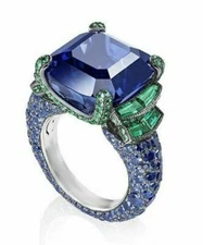 Solid 935 Argentium Silver Lab-Created Blue & Green Gemstones Eternity Ring