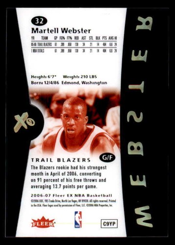 Fleer EX #32 2006-07 Martel Webster Tral Blazers casi nuevo como nuevo (ref 5551) - Imagen 2 de 2