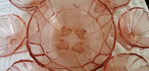 Vintage Art Deco Pink Glass Dessert Bowl And 6 Dishes. Bowl 21 Cm Diam.... - Picture 2 of 8