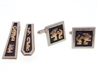 Vintage 18K Gold 925 Sterling Silver Cufflinks & Tie Bars Native American