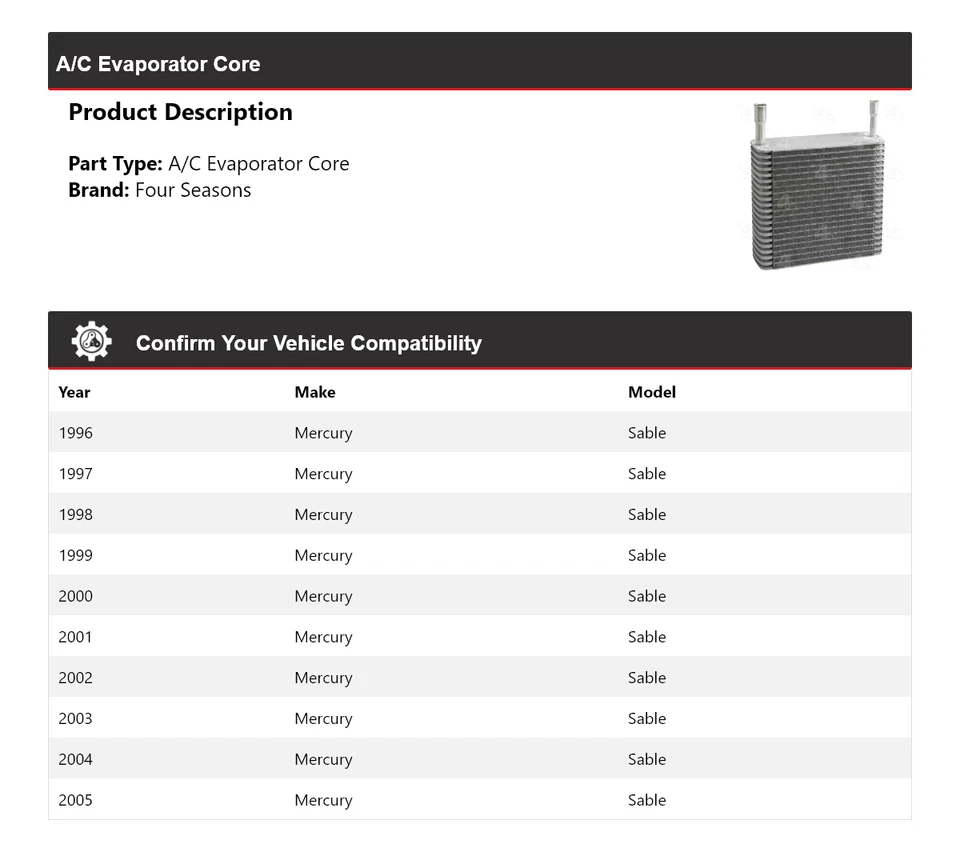 Núcleo evaporador de aire acondicionado Mercury Sable 1996-2005 4 estaciones 1997 1998 1999 2000 Foto 2 de 4
