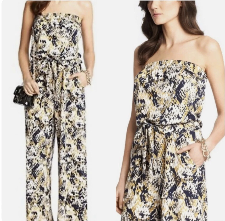 Macacão DIANE VON FURSTENBERG DVF malha de seda sem alças azul dourado creme tamanho 10 - Imagem 2 de 4