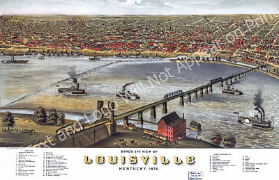 Bird's Eye View of Louisville KY 1876 Vintage Map Poster - 11 x 17'' Reprint