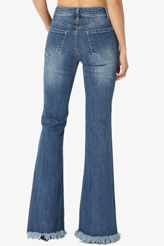 TheMogan Retro 70S Button Fly Mid Rise 5 Pocket Stretch Denim Fray Flare Jeans - Picture 16 of 20