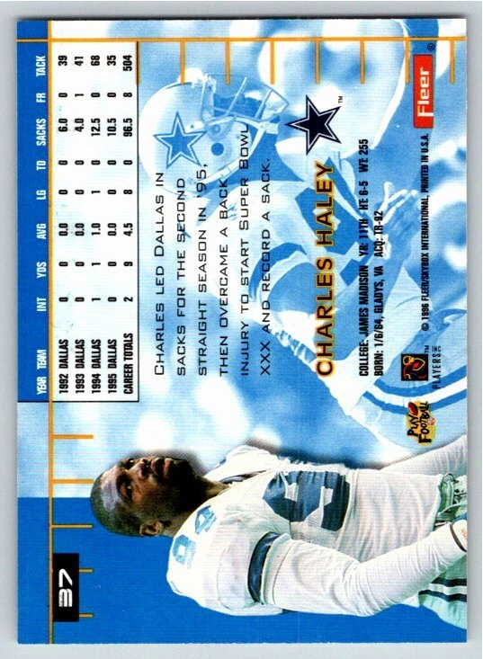 1996 Ultra Charles Haley Dallas Cowboys #37 - Image 2 of 2