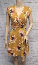 NEW PINK OWL S MUSTARD GOLD RIBBED FIT & FLARE SURPLICE FLORAL SWEATER DRESS