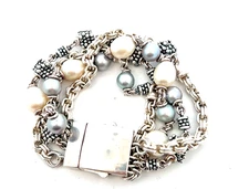 Michael Dawkins Sterling Silver Rondel  bracelet 7" long 4 Strand with pearls