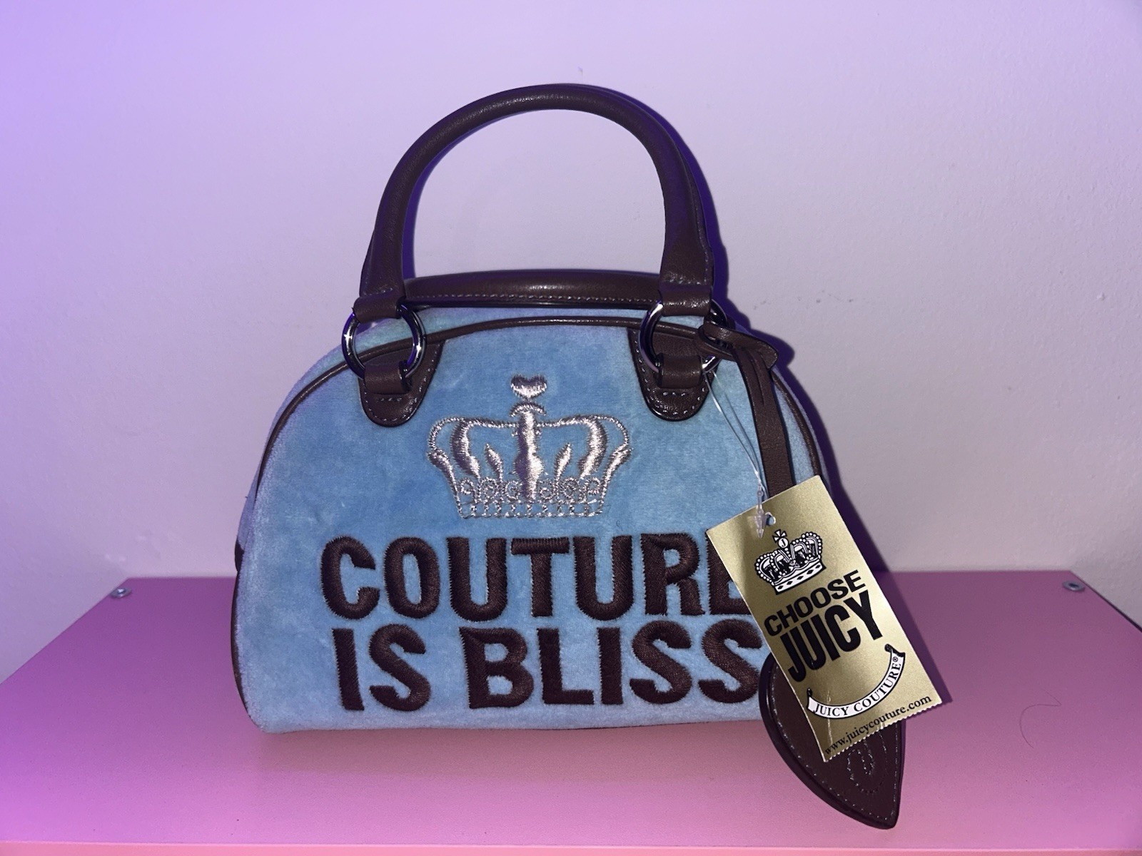 RARE Vintage Juicy Couture Velour Bowler Bag Purse Handbag Blue Brown Y2K 2000s