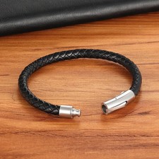 Mens Bracelet Leather Braided Wristband Stainless Steel Clasp Hand Woven Band UK