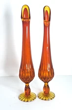 Vintage Fenton Amberina Swung Bud Vases Pair Pedestal MCM Art Glass