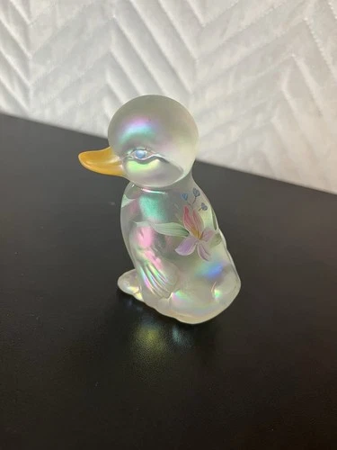 Vintage Small Art Glass Fenton Duck Baby Paperweight Signed Iridescent Animal