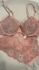 NWT La Perla Stolen Roses Embroidered Lace Underwire Bra 34C M Panty Set Pink