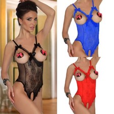 Women Sheer Lace Teddy Lingerie Open Crotch Bow Strappy Backless Mesh Bodysuit