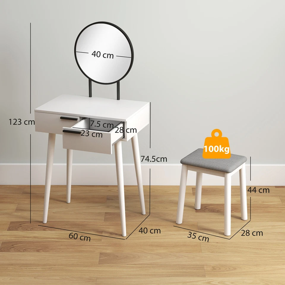 HOMCOM Dressing Table Vanity Set Make Up Desk with Mirror & Stool White - Image 3 of 4