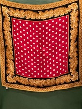 Vintage ECHO Square Silk Scarf-Red/White Polka Dots-Gold Sparkly Border-34 x 36