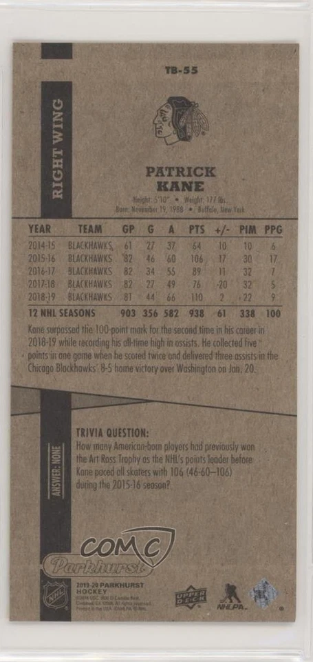 2019-20 Upper Deck Parkhurst Tallboys Tier 3 Patrick Kane #TB-55 - Image 2 of 2