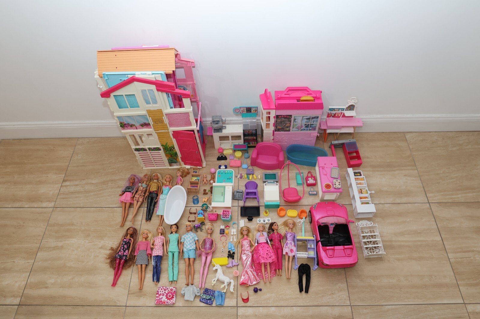 Barbie LOT: House, Car, Outdoor Grill,  15 Dolls & TONS of EXTRAS