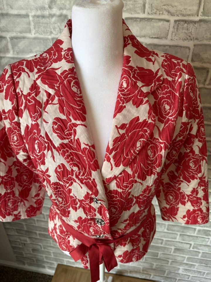 Chaqueta Blazer Harold’s 6 Rojo/Blanco Floral Damasco 3 Botones Cinta Cinturón 3/4 SLV Foto 4 de 4