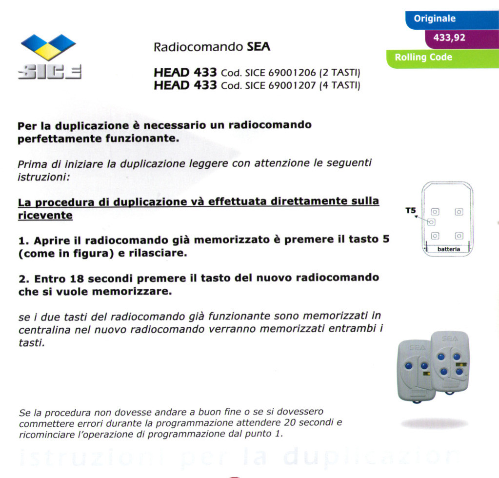 SEA HEAD 433-4 Rolling Code 23110240 - Telecomando Originale SEA - 3