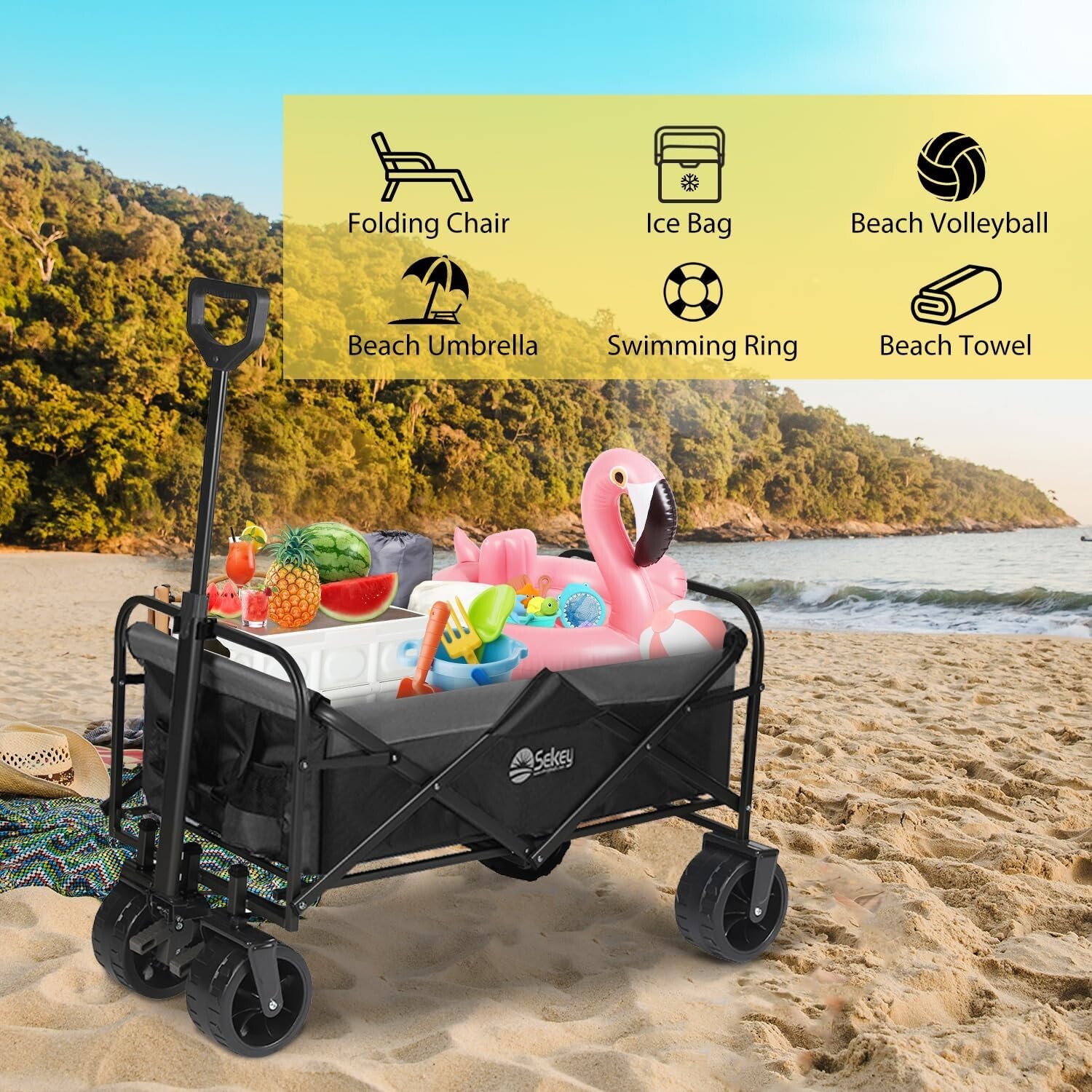 Folding Utility Cart with Big All-Terrain  Wheels & Drink Holders, Black&Grey