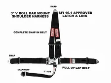 SNAP IN SFI 16.1 RACING HARNESS 5 POINT 3" V ROLL BAR MOUNT LATCH & LINK BELT
