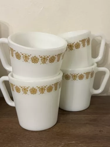 Pyrex Corning Corelle Butterfly Gold Set of Four D Handle Coffee Mugs Cups 1410