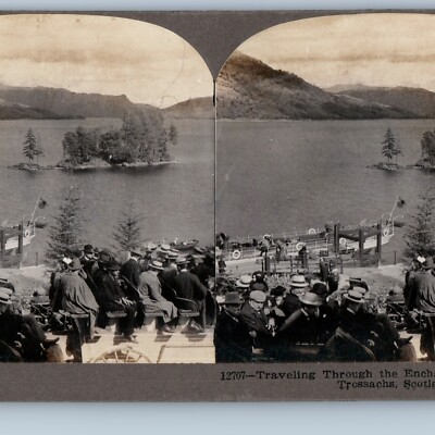c1900s Trossachs Country Scotland Tour Shuttle Lake Boat Stereoview Photo UK V37