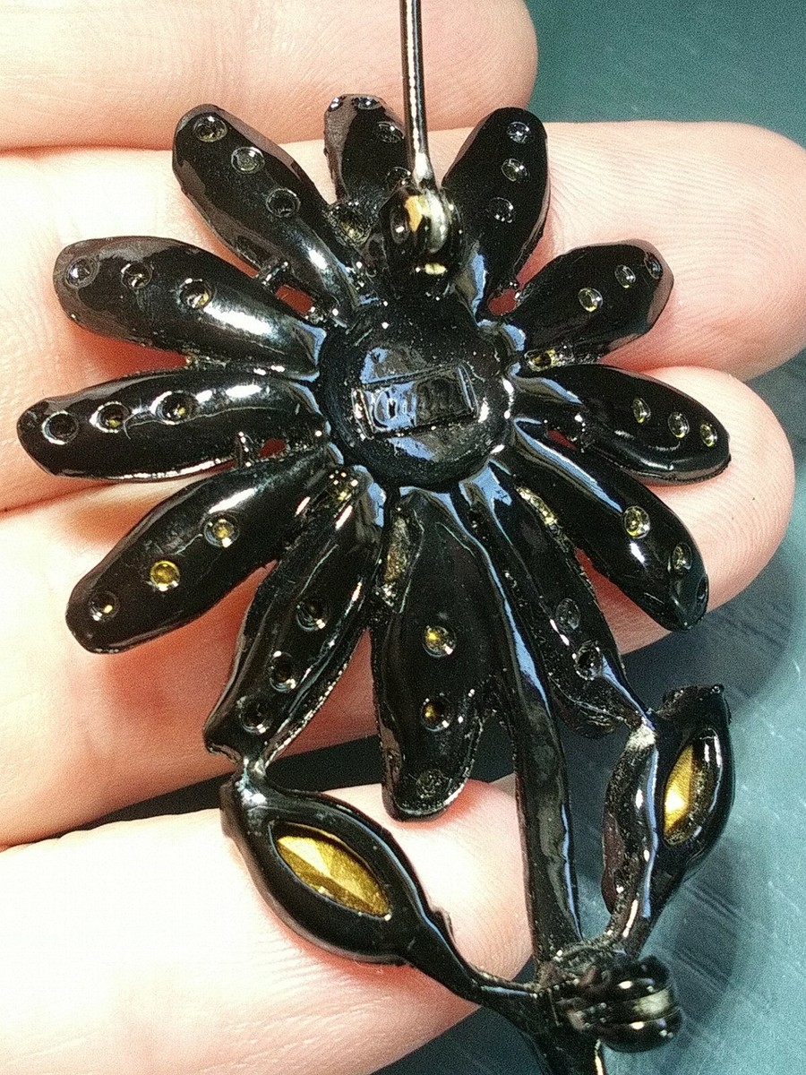 Vintage Signed Capri Japanned Rhinestone Flower Brooch Pin