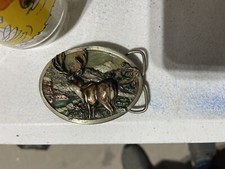 Hunting Belt Buckle Deer Buck W/ Mountains 1984 Bergamot Brass Works Made In USA