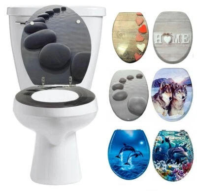 Novelty 3D Designs Toilet Seat MDF Wooden WC Loo Seat Strong Silver Hinges 18"