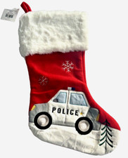 Kids Boys POLICE CAR Hanging Christmas Stocking Red Fabric Fur Embroidered 17.5"