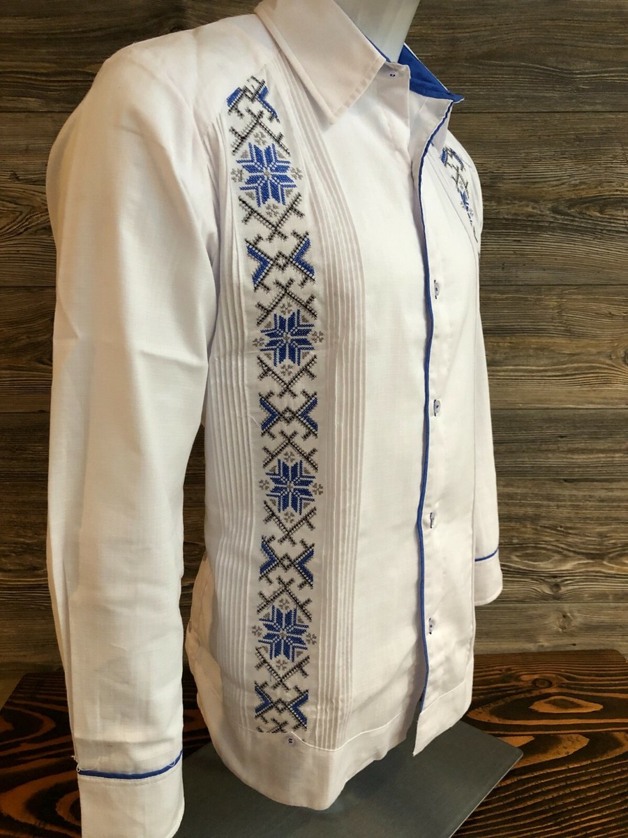 Mexican Mens Wedding Guayabera Shirt Long Sleeve Elegant Royal
