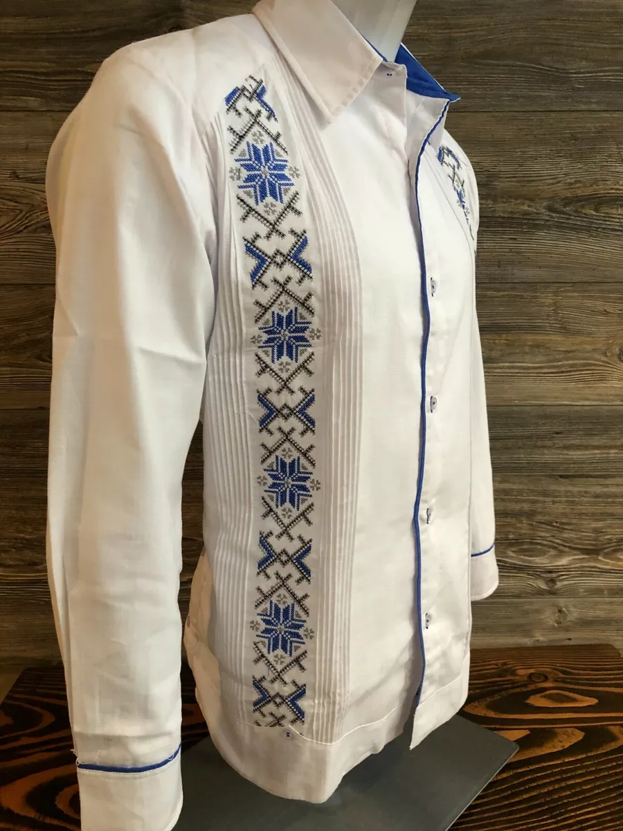 Mexican Men Guayabera Shirt Linen Long Sleeve Elegant Double Blue