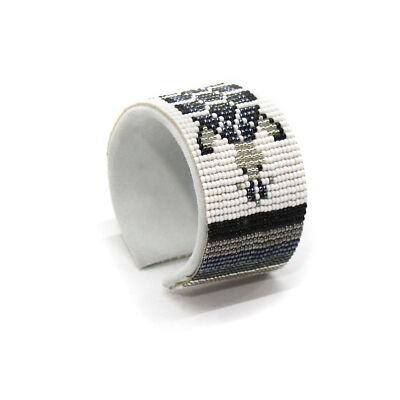 NATIVE STYLE HANDMADE GRAY WHITE TURTLE BEADED CUFF LEATHER BRACELET  