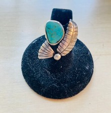 BEAUTIFUL VINTAGE NATIVE AMERICAN LARGE TURQUOISE LEAF DESIGN SILVER RING SIZE 7