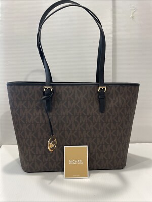 NWT $298 MICHAEL KORS JET SET TOP ZIP TOTE MK PRINT BROWN/BLACK COLOR