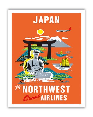 Japan - Fly Northwest Orient Airlines - Vintage Airline Travel Poster 1950s