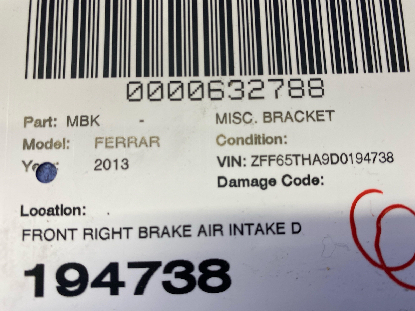 2013 FERRARI CALIFORNIA FRONT RIGHT BRAKE AIR INTAKE DUCT BRACKET MOUNT 228119