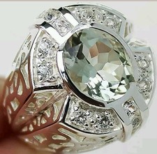 Vintage style 3.50 cts Green Amethyst  White Topaz Ring sterling silver